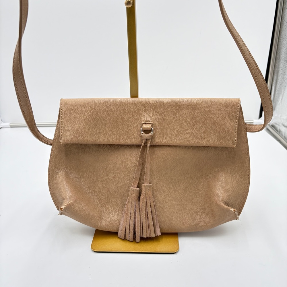 Anthropologie Boho Bohemian Hippie Tan Leather Purse Crossbody Clutch Tassel